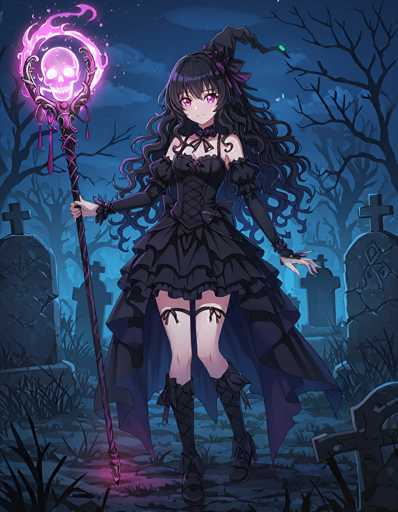 In this captivating image, we see a striking anime character set against a dark, eerie backdrop. The character, a young woman with long, wavy black hair adorned with a purple ribbon, exudes an air of mystique. Her eyes are a mesmerizing blend of purple and pink, adding to her otherworldly appearance. She is dressed in a gothic-style outfit, featuring a black corset with purple accents and a short skirt that reveals her legs. Her ensemble is completed with thigh-high black boots, intricately laced up the front.

In her right hand, she holds an ornate staff topped with a glowing pink skull, encircled by a radiant pink ring. The staff itself is adorned with intricate designs, including two pink teardrops hanging from it. The scene is set in a desolate graveyard, with numerous headstones scattered around. The headstones vary in shape, with some being round and others flat, all topped with crosses. The ground is littered with grass, adding to the haunting atmosphere. The sky above is a deep, dark blue, dotted with clouds, enhancing the overall mood of the image.