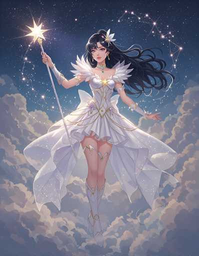 The image depicts a striking anime-style illustration of a young woman with long, flowing black hair adorned with a white flower. She is dressed in an elaborate white gown featuring intricate gold trim and delicate feather-like decorations on the shoulders. The dress is short, revealing her legs, and she wears knee-high white boots with gold accents. A silver choker with a green gem adorns her neck, and a star-shaped ornament is positioned at the center of her chest. In her right hand, she holds a white staff topped with a glowing yellow star. The background is a mesmerizing night sky filled with stars, including a prominent constellation resembling the Big Dipper. She appears to be floating gracefully above a bed of clouds, adding to the ethereal and magical atmosphere of the scene.