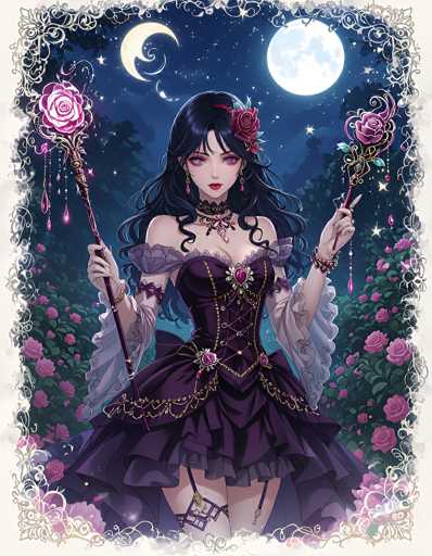 A beautiful anime girl with long, flowing black hair and large, expressive eyes stands in a magical, fantasy setting. She is dressed in an elaborate purple gothic lolita dress with lace details and a corset-style bodice. She holds two ornate, rose-themed wands in her hands, one with a pink rose and the other with a darker purple rose. She wears a delicate necklace adorned with gemstones, and her outfit is complemented by sheer white sleeves. The background features a dark night sky with a crescent moon and a full moon, surrounded by lush pink roses and twinkling stars. The overall style is detailed and whimsical, with a focus on elegant fantasy aesthetics.