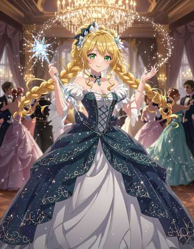 A young girl with blonde hair and blue eyes stands in a grand ballroom, wearing a long, flowing dress that is predominantly blue and white with gold accents. She holds a wand in her right hand and is surrounded by other people dressed in similar attire. The room is filled with chandeliers hanging from the ceiling, casting a warm glow over the scene.