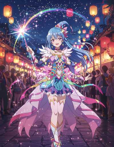 In this captivating image, a young girl stands at the center of a bustling street, surrounded by a crowd of onlookers. She is adorned in a striking dress that features a vibrant mix of pink, blue, and purple hues. The dress is accentuated with a flowing cape that adds an air of elegance to her ensemble. In her right hand, she holds a magical wand that emits a dazzling array of colors—pink, blue, yellow, and purple—creating a rainbow effect that illuminates the scene. The night sky above is a deep blue, dotted with twinkling stars, adding a touch of enchantment to the atmosphere. The street is lined with buildings on both sides, their facades decorated with numerous lights that contribute to the festive ambiance. The ground beneath her is paved with stone, adding a touch of historical charm to the setting. The entire scene is a mesmerizing blend of fantasy and reality, capturing the imagination of all who gaze upon it.