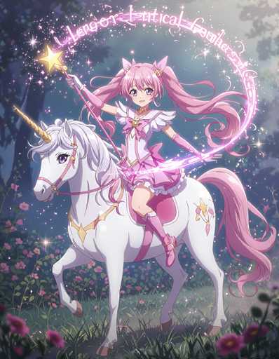 In this captivating image, a young girl with long pink hair styled into two ponytails adorned with pink bows rides a majestic white unicorn. The girl, who has striking purple eyes, is dressed in a charming pink dress featuring a prominent pink bow at the front. She also wears pink gloves that extend up to her elbows and matching pink boots. The unicorn, with a golden horn and a pink bridle, is depicted in mid-gallop, its front legs raised off the ground. The girl holds a wand topped with a golden star, from which a magical pink swirl emanates, adding a touch of enchantment to the scene. The background is a lush green field dotted with pink flowers, enhancing the whimsical and magical atmosphere of the image.