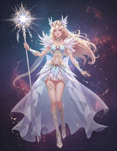 A beautiful anime-style fantasy character, a celestial mage or goddess, stands in a cosmic setting. She is clad in an elaborate, flowing white and light blue gown adorned with sparkling details, including star-like accents on the bodice and a shimmering cape. Her long, flowing blonde hair is styled with delicate white wings framing her face. She holds a staff topped with a radiant, glowing star, and wears ornate golden armbands and leg coverings. Her expression is serene and ethereal, with a gentle smile. The background is a deep space scene filled with swirling nebulae in shades of purple, pink, and blue, interspersed with twinkling stars. The overall style is reminiscent of a digital painting with soft lighting and a magical, otherworldly atmosphere.