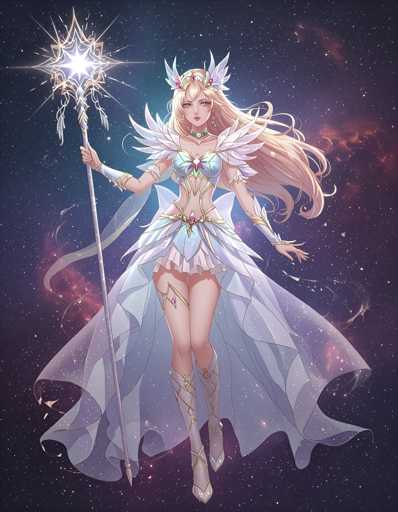 A beautiful woman with long blonde hair and a white dress adorned with gold accents is the central figure in this illustration. She holds a wand in her right hand and wears a crown on her head. The background features a starry night sky filled with stars and planets, creating an otherworldly atmosphere.