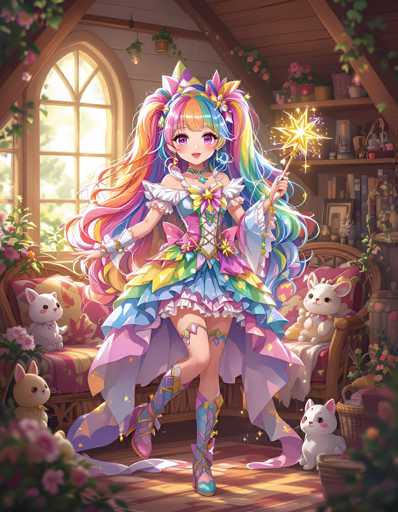 The image depicts a vibrant, cartoon-style scene featuring a young girl with long, multi-colored hair that transitions from pink to orange, yellow, blue, and purple. She has striking purple eyes and is adorned with a crown-like headpiece. The girl is dressed in a colorful, frilly dress that mirrors the hues of her hair, and she wears matching boots. In her left hand, she holds a wand that emits a bright, star-shaped light.

The setting appears to be a cozy bedroom, with the girl standing on a wooden floor. Surrounding her are several stuffed animals, including a white cat and a white rabbit, adding to the whimsical atmosphere. Behind her, a wooden chair is visible, along with a bookshelf filled with books and various decorative items. To her left, a window allows natural light to filter into the room, enhancing the warm and inviting ambiance.