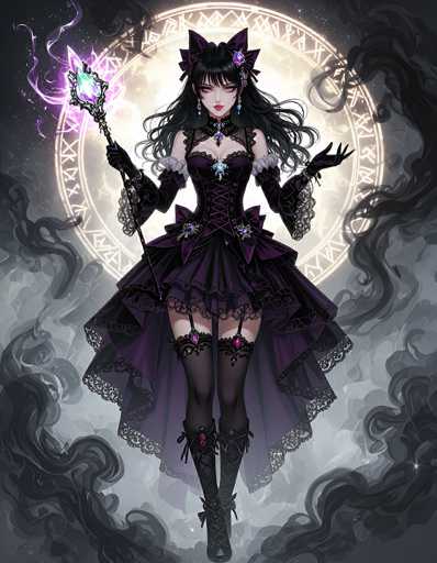 This image features a striking female anime character set against a dark, mystical background. She has long, flowing black hair adorned with a large bow on top of her head, and her bangs partially obscure her eyes. Her expression is intense, with red lips and a gaze directed straight at the viewer. She is dressed in a revealing purple corset that ties up to her neck, complemented by a matching purple skirt. Her ensemble includes thigh-high stockings with garters, and her feet are clad in lace-up boots that reach up to her thighs. She wears long gloves that extend to her elbows, adding to her elegant yet powerful appearance.

In her right hand, she holds a staff topped with a glowing green and purple gem, emitting a mystical aura. Behind her, a large, radiant moon illuminates the scene, surrounded by intricate symbols and designs. The background is filled with swirling black smoke and mist, enhancing the enchanting and otherworldly atmosphere.