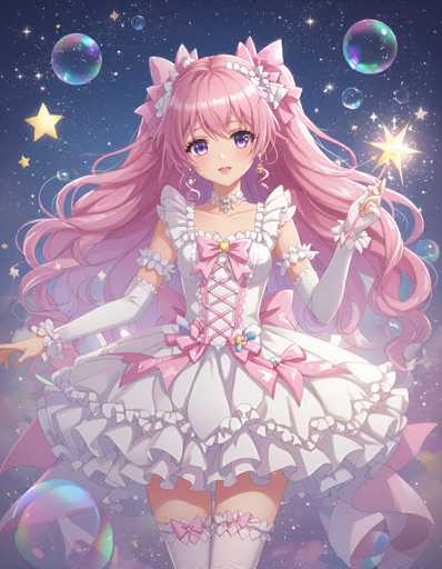 This detailed illustration features an anime-style girl with long, flowing pink hair adorned with white bows. Her hair cascades down her back, complementing her large, expressive purple eyes and long eyelashes. She is dressed in a charming white dress with pink accents, including a pink corset laced up the front and a pink bow at the waist. The dress is further embellished with white ruffles and lace details, adding to its whimsical appearance. She wears white gloves that extend up to her elbows and white thigh-high socks, each adorned with a pink bow at the top. In her left hand, she holds a pink wand topped with a golden star, while her right hand is extended outward. The background is a mesmerizing night sky filled with stars, bubbles, and a few yellow stars, creating a magical atmosphere that enhances the enchanting aura of the character.