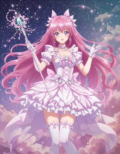A young girl with long pink hair and a white dress stands against the backdrop of a starry night sky. She holds a wand in her right hand and wears a tiara on her head. The image is rendered in a digital art style, characterized by its use of pastel colors and soft lines that create a dreamy atmosphere.