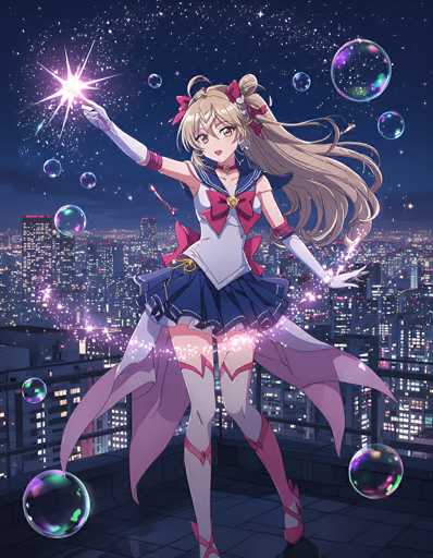 In this captivating image, a young girl stands on a rooftop, gazing out at the cityscape below. She is adorned in a charming outfit featuring a blue skirt and a white top, complemented by a pink bow tie at the front. Her ensemble is completed with long white gloves, white stockings, and pink shoes. The girl has long blonde hair, styled with two pink bows on either side of her head. In her right hand, she holds a wand that emits a dazzling light, surrounded by shimmering stars. Her left hand is extended outward, surrounded by a cluster of sparkling bubbles. The rooftop she stands on is tiled, and the scene is set against a backdrop of a dark blue sky dotted with stars. Below her, the cityscape is illuminated by the lights from numerous buildings, creating a magical and enchanting atmosphere.