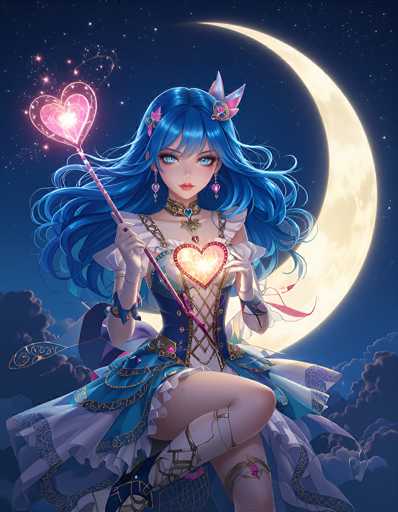 This detailed illustration depicts a young woman with long, flowing blue hair adorned with pink and blue ribbons. She has striking blue eyes and is dressed in a flowing blue and white gown, which features a heart-shaped cutout at the chest. The dress is intricately designed with gold and blue patterns, and she wears white gloves and a choker necklace with a heart pendant. Her legs are crossed, and she has garters on her legs. In her right hand, she holds a pink wand topped with a glowing pink heart, while her left hand cradles a larger glowing pink heart. The background showcases a dark blue night sky filled with stars and a crescent moon, with clouds at the bottom. The overall scene is vibrant and enchanting, with a magical and ethereal atmosphere.