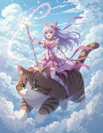 In this captivating image, a young girl is depicted riding a large, brown cat with striking green eyes. The cat's fur is adorned with black stripes, and its paws are a contrasting white. The girl, who has long, flowing purple hair, is dressed in a pink outfit that includes a dress and knee-high socks. She wears pink shoes and a pink belt, complemented by a pink bow tie around her neck. Her ensemble is completed with a pink headband featuring cat ears. She holds a pink staff topped with a golden star, from which a radiant light emanates. The background is a serene blue sky filled with fluffy white clouds, adding to the whimsical and enchanting atmosphere of the scene.