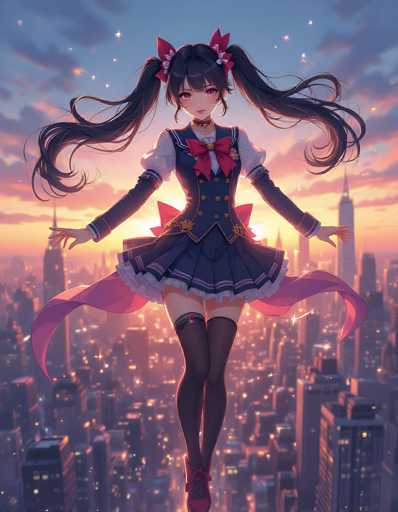 This detailed illustration features a young anime girl with long black hair styled into two pigtails, each adorned with a red bow. Her hair cascades down to her waist, with the ends curling slightly. She has striking pink eyes and is dressed in a blue sailor-style vest over a white shirt, complemented by a red bow tie at the center of her chest. Her outfit includes a short skirt with a white frilly hem, and she wears thigh-high black stockings. Her feet are clad in red shoes, and she has a choker around her neck. The girl is depicted floating above a city skyline, with her arms outstretched to her sides. The background showcases a vibrant sunset, with the sky transitioning from blue at the top to a blend of pink and orange hues near the horizon. The city below is filled with numerous skyscrapers, their windows illuminated, adding to the enchanting atmosphere of the scene.