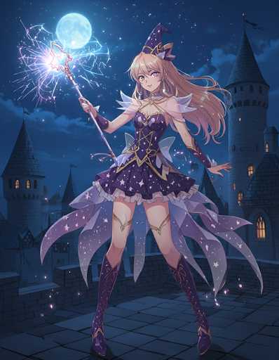 In this captivating image, a young girl stands poised on a rooftop, exuding an aura of enchantment. She is adorned in a striking purple dress, intricately detailed with white stars and delicate lace trim. The dress features a short skirt that reveals her legs, complemented by purple boots that extend up to her knees, laced up with a matching purple string. Her ensemble is completed with a whimsical purple witch's hat, also decorated with white stars, and a pair of purple gloves that add to her mystical appearance.

In her right hand, she holds a magical wand, from which blue lightning bolts and a radiant white light emanate, casting an ethereal glow. Her long, flowing blonde hair cascades down her back, framing her face, which is marked by expressive purple eyes and a small, enigmatic smile.

The backdrop of the scene is equally enchanting, with a dark blue sky dotted with white stars and a luminous moon. Behind her, a majestic castle looms, its towers adorned with flags and windows that glow warmly with yellow light. The castle's walls are constructed from gray stone, adding a touch of medieval grandeur to the overall atmosphere. The girl stands on a stone platform, her purple dress and boots blending harmoniously with the mystical setting around her.