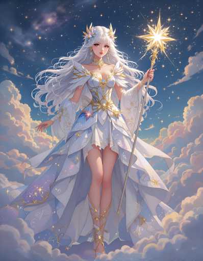 A beautiful, ethereal anime-style fantasy character stands in a celestial setting. She is an elegant, long-haired woman with flowing white hair adorned with delicate flower-like ornaments. Her dress is a stunning, layered gown of shimmering white fabric, embellished with intricate golden details and sparkling star-like patterns. She holds a glowing golden staff topped with a radiant star, her expression serene and gentle. The background is a dreamy sky filled with soft, fluffy clouds in pastel hues of blue and pink, interspersed with twinkling stars. The overall atmosphere is one of magic, grace, and otherworldly beauty.