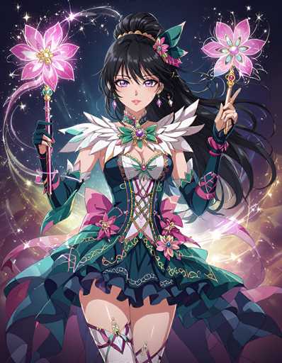 The image features a striking anime-style female character with long, flowing black hair adorned with a delicate flower. She is dressed in an elaborate outfit that combines elements of a corset and a dress, predominantly in shades of green and white. The dress is accentuated with pink bows and intricate floral patterns, adding a touch of whimsy to her attire. Her ensemble is completed with white stockings that have green and pink bows, adding a playful yet elegant detail to her look.

In her hands, she holds two staffs, each crowned with a large, vibrant pink flower. The staffs are adorned with flowing ribbons that cascade around her, enhancing the magical aura she emanates. Her eyes are a captivating shade of purple, and she wears a subtle, enigmatic smile that adds to her mysterious allure. The background is a mesmerizing blend of purple and pink hues, dotted with sparkling stars, creating a dreamlike atmosphere that complements the character's enchanting presence.
