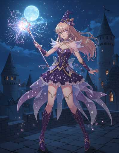 A young girl with long blonde hair and a purple dress stands on a rooftop, holding a wand that is ablaze with sparks. The backdrop features a castle under a full moon, with the sky painted in shades of blue and dotted with stars.