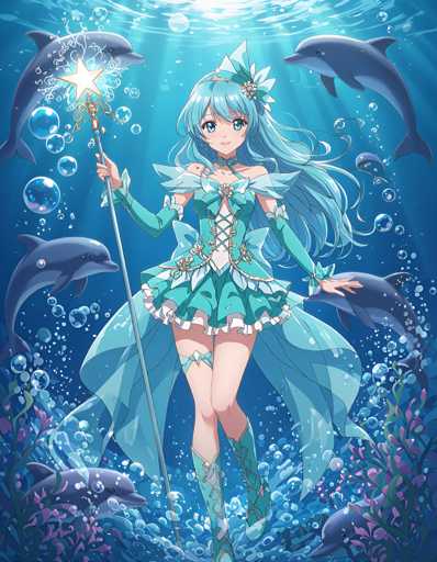 A blue-haired girl with a green dress stands in front of bubbles and fish, holding a wand that is illuminated by a star.