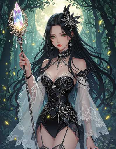 The image depicts a young woman with long, flowing black hair adorned with a silver flower on the left side. She is dressed in a striking black corset that accentuates her figure, complemented by white lace sleeves that extend from her shoulders to her wrists. Her outfit is completed with black stockings, adding to her gothic allure. In her right hand, she holds an ornate staff featuring a large, multi-colored crystal at the top, which is predominantly blue with hints of purple. The background is a mystical forest, illuminated by a large, glowing moon that casts an ethereal light over the scene. The trees in the forest are dark and shadowy, with a scattering of yellow leaves that add a touch of color to the otherwise somber setting.