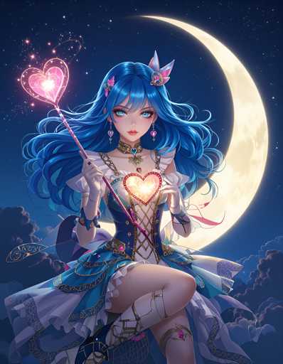 A blue-haired girl with a heart-shaped necklace is depicted holding a heart and standing on the moon's surface against a dark sky backdrop.
