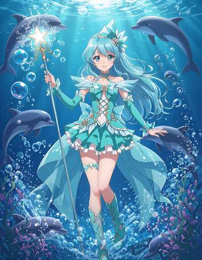 The image depicts a vibrant underwater scene featuring an anime-style mermaid. She has long, flowing blue hair adorned with a matching blue bow. Her large, expressive blue eyes and small mouth give her a delicate appearance. She is dressed in a short blue dress with a frilly skirt, complemented by long blue gloves that extend to her elbows. The mermaid is holding a blue staff topped with a glowing yellow star, which emits sparkles and bubbles. Surrounding her are several blue dolphins, adding to the magical underwater atmosphere. The mermaid's attire includes a corset-like top with crisscross laces, and she wears blue boots that lace up to her knees. The scene is filled with bubbles, enhancing the enchanting underwater setting.