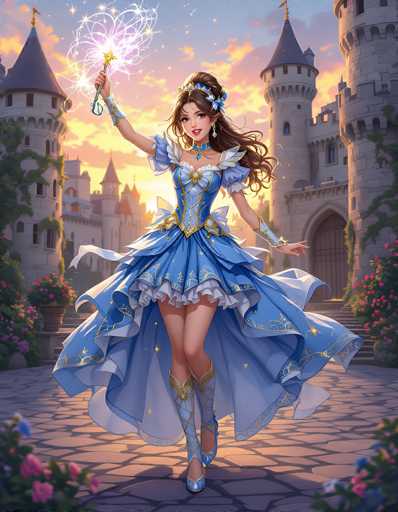 The image depicts a detailed, computer-generated scene of a young woman standing in front of a grand castle. The castle, constructed from white stone, features multiple towers with pointed roofs, some adorned with flags. Ivy and flowers climb the castle walls, adding a touch of natural beauty to the stone structure. The sky above is a blend of blue and orange hues, suggesting either a sunrise or sunset.

The woman, who appears to be in her early 20s, has long brown hair styled in a half-up, half-down fashion, with the rest of her hair cascading down her back. She wears a blue dress with puffy sleeves and a corset-like bodice, complemented by a cape that flows behind her. Her outfit is accentuated with gold trim and blue high-heeled boots. She holds a wand in her right hand, which is adorned with a blue wristband, and from the wand, white and purple sparks emanate, adding a magical element to the scene.