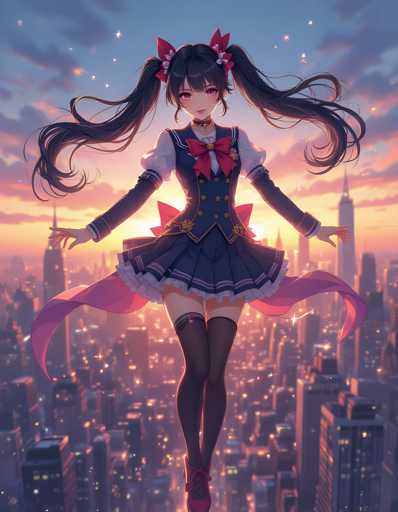 A woman with long dark hair and red hair is shown in a city at sunset. She is wearing a blue dress with pink ribbons on her shoulders and black stockings. The sky behind her is filled with stars, creating a beautiful backdrop for the scene.