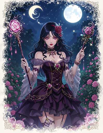 A woman with long dark hair is depicted as a witch in a purple dress and holding a wand. She stands against the backdrop of a moonlit night sky filled with stars. The scene is framed by pink flowers on either side, creating an ethereal atmosphere.