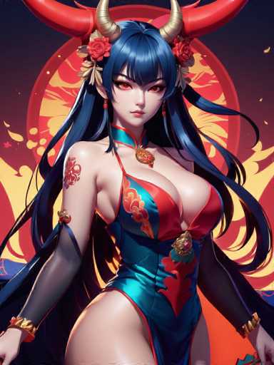 This image features a striking anime-style female character with long, flowing blue hair adorned with two prominent horns. Her vibrant red eyes and delicate pink lips add to her captivating appearance. She is dressed in a revealing blue and red outfit that accentuates her large breasts and long, slender legs. A distinctive tattoo of red flowers graces her right shoulder, while a gold necklace with a red flower pendant adorns her neck. She wears sheer black sleeves that extend from her elbows to her wrists, each sleeve ending with a gold cuff. The background is a dramatic blend of red and yellow hues, with a large red circle behind her head, adding to the overall intensity of the scene.