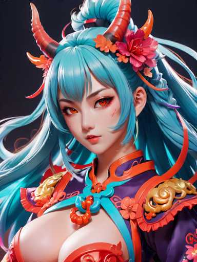 This image showcases a stunning, intricately detailed digital artwork of a young woman with a distinct anime-inspired style. The character is depicted with a fair complexion, accentuated by vibrant red eyes and a small, delicate mouth. Her hair is a striking blue, styled into a voluminous ponytail that cascades down her back, adorned with an array of flowers and ribbons. Notably, she has two prominent horns protruding from her head, colored in shades of red and orange, adding to her fantastical appearance. The woman is dressed in a purple outfit that features elaborate gold and red accents, particularly around the collar and shoulders. The attire is low-cut, revealing her chest, and is further embellished with additional red and gold detailing. The overall composition of the image is square, with the character centrally positioned, allowing viewers to appreciate the intricate details of her design and the vibrant colors that make the artwork so captivating.