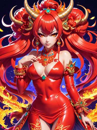 This image features a striking anime-style female character with vibrant red hair styled in a high ponytail. She has four prominent golden horns protruding from her head, adding to her fierce appearance. Her eyes are a captivating orange hue, and she wears large, ornate earrings that dangle from her ears. Around her neck, she sports a grand necklace adorned with a large green gem at its center, complementing her attire. She is dressed in a form-fitting red leather outfit that accentuates her figure, with long sleeves that extend up to her biceps. The background is a deep blue, dotted with white stars, creating a celestial atmosphere. At the bottom of the image, there are dynamic yellow and orange flames, adding a sense of movement and intensity to the scene.