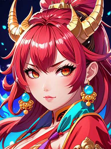 The image depicts a female character with vibrant red hair and gold horns, wearing a red dress adorned with gold accents and earrings. The character is looking directly at the camera, creating an engaging visual narrative.