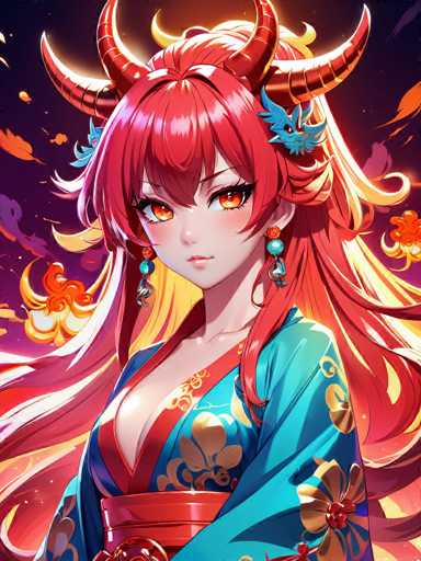 The image features a striking anime-style character with vibrant red hair and matching red eyes. She is adorned with a pair of blue earrings that dangle elegantly from her ears. Her attire is a traditional Japanese kimono, predominantly blue with intricate gold floral patterns. The kimono is accentuated with a red sash that cinches her waist, adding a touch of contrast to the ensemble. The character's pose is slightly turned to the left, giving a glimpse of her serene expression. Surrounding her head are two prominent red horns, adding an element of mystique and power to her appearance. The background is a deep, dark purple, which enhances the vividness of her red hair and eyes, creating a captivating and dynamic visual effect.