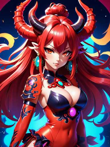 The image depicts a female character with long red hair and large horns wearing a red outfit adorned with blue accents. The character is standing against a dark background, which contrasts with her vibrant attire. She has a serious expression on her face as she gazes directly into the camera.