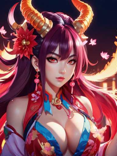 This image features a stunning, computer-generated depiction of a young woman with an intricate and vibrant design. The background is a deep, dark blue, almost black, which accentuates the subject's vivid details. The woman has long, flowing hair that transitions from a rich purple at the roots to a bright pink at the tips. Her hair is adorned with two large, orange horns that curve back towards her head, each horn encircled with gold bands. She wears a red flower with a gold center on the left side of her hair, adding a touch of elegance.

Her eyes are a striking orange, framed by long eyelashes and dark eyebrows. She has a small, delicate nose and pink lips, which are slightly parted, giving her a serene expression. She is dressed in a low-cut, red and blue dress that reveals a significant portion of her chest, with the fabric adorned with floral patterns. The dress is complemented by a pink and blue collar and a gold brooch at the center of her chest.

Her right ear is visible, adorned with a dangling earring that features a pink ball at the bottom. The image captures her from the chest up, with her arms out of the frame, focusing on her detailed and colorful attire and her captivating facial features.