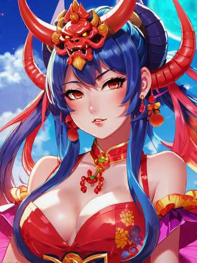 This detailed illustration features a striking anime-style female character set against a vibrant blue sky dotted with white clouds. The character, who has long blue hair adorned with red and yellow tassels, is dressed in a revealing red dress that showcases her cleavage. Her attire is complemented by a red and gold necklace and matching red earrings. She has captivating red eyes and wears a distinctive headdress resembling a red demon's head with horns, adding an air of mystique to her appearance. The character's overall design is accentuated by the intricate details of her outfit and accessories, creating a visually captivating and dynamic scene.