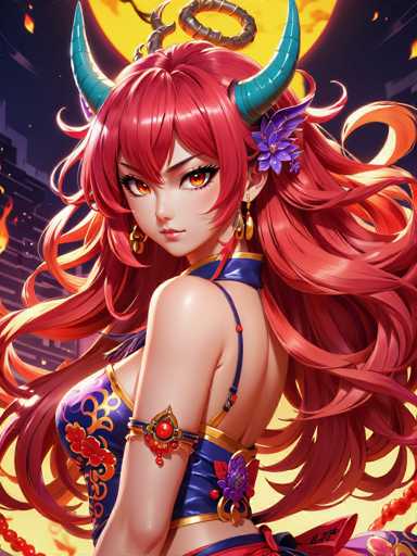 This detailed illustration features a striking anime-style female character with vibrant red hair and matching red eyes. She is adorned with a pair of teal horns that curve gracefully from her head. Her attire is a blue and gold dress, intricately designed with floral patterns and a low-cut back, revealing her shoulders and the upper part of her back. A red gem embellishes her bicep, adding a touch of elegance to her ensemble. The character is depicted in a dynamic pose, gazing over her shoulder with a serious expression. The background is a dramatic night scene, illuminated by a large yellow moon and the fiery glow of distant flames, enhancing the overall intensity and mystique of the image.