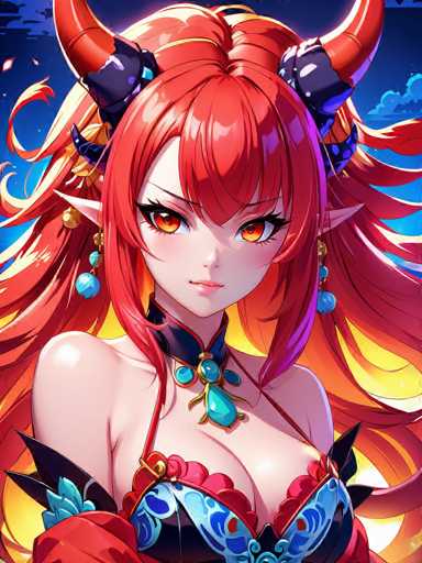 This image features a striking anime-style female character with vibrant red hair that cascades down her back, adorned with subtle yellow highlights. Her hair is styled with bangs that frame her face and two side pieces that elegantly drape over her shoulders. She has a pointed, elven-like ear on the left side of her head, adding a touch of fantasy to her appearance. Atop her head, she wears two distinctive black horns, each accented with red at the tips.

Her eyes are a captivating orange, and she wears a subtle, almost imperceptible smile. Around her neck, she sports a black choker that is beautifully decorated with blue jewels. Her attire is equally enchanting, featuring a dress with a red and blue floral pattern that complements her overall look. The background of the image is a serene blue sky dotted with clouds, providing a peaceful contrast to the character's vivid and dynamic appearance.