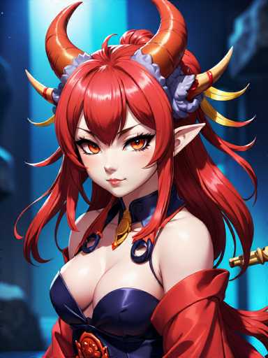 The image depicts a striking anime-style female character with vibrant red hair and matching red eyes. She has a fair complexion and pointed ears, suggesting she might be an elf or a similar mythical creature. Her hair is adorned with large, prominent horns, and she wears a distinctive headpiece featuring a white ruffled fabric. The character is dressed in a revealing blue dress that accentuates her large bust, and she has a red sash tied around her waist. The background is a blurred blue, which contrasts with the detailed and colorful portrayal of the character.