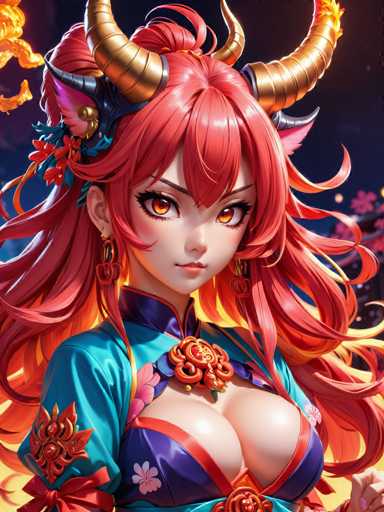 This image features a striking anime-style female character with vibrant red hair and matching red eyes. She is adorned with two prominent gold horns that curve upwards from her head, adding a fierce element to her appearance. Her attire is a traditional kimono, predominantly blue with intricate purple accents and floral patterns. The kimono is open at the chest, revealing a hint of cleavage. She accessorizes with a red flower brooch at the neckline and a red bow on her right arm, which is also decorated with a red flower. Her ears are pointed, reminiscent of an elf, and she wears a black headpiece that complements her overall look. The background is a dark blue, almost black, with a subtle yellow hue, and features a pink flower on the right side, adding a touch of delicate beauty to the scene.