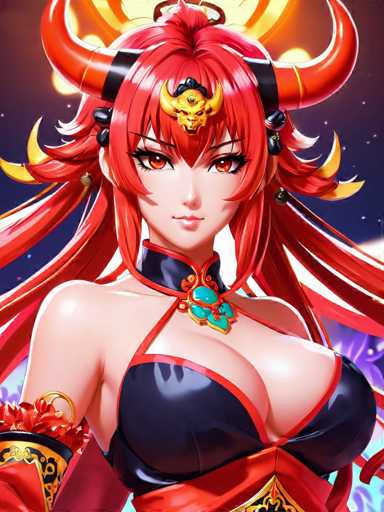 The image depicts a striking female character from a video game, set against a dark, starry night sky. She has long, flowing red hair adorned with two prominent red horns, each wrapped with a black band. At the center of her forehead, she wears a golden ornament resembling a horned skull, adding to her fierce appearance. Her eyes are a captivating shade of red, and she has a fair complexion. Around her neck, she wears a black choker with a red border, from which a turquoise necklace dangles, featuring a gold pendant. Her attire includes a black bra with red trim, complementing her overall bold and mesmerizing look.