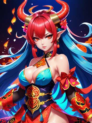 This image features a striking female character from a video game, depicted in a detailed and vibrant anime style. She has long, flowing red hair adorned with two prominent horns that curve upwards and outwards, each horn encircled by a gold band near the base. Her eyes are a captivating shade of orange, and she wears a choker that is black with gold accents. Her attire is a blend of traditional and ornate, consisting of a blue bra-like top with gold trim, a purple corset-like garment, and a red skirt. Her arms are covered by black sleeves that extend to her wrists, where they transform into red, gold, and black arm guards. The background is a deep blue, accentuated by small orange flames that add a dynamic and intense atmosphere to the scene.