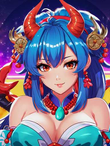 The image depicts a woman with blue hair and red horns wearing a green dress adorned with red beads. She is smiling at the camera, looking directly into it. The background features a purple sky with stars and planets, creating an otherworldly atmosphere.