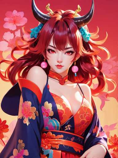 The image depicts a striking anime-style female character with vibrant red hair adorned with blue flowers. She has two prominent black horns, each featuring a gold tip, that curve outward from her head. Her eyes are a vivid red, and she wears pink ball-shaped earrings. The character is dressed in a blue kimono with intricate floral patterns in shades of pink, orange, and yellow. The kimono is complemented by an orange sash and a matching orange collar. She also sports a choker necklace with a red pendant. The background is a gradient of pink and orange, with pink flowers on the left side and orange flowers on the right, adding to the overall dynamic and colorful composition of the image.