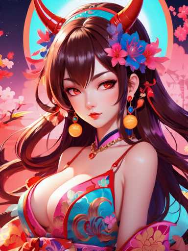 This image features a striking anime-style female character with long, flowing brown hair adorned with a blue headband. She has distinctive red eyes and is wearing a vibrant, sleeveless kimono that combines shades of pink, blue, and red, decorated with intricate floral patterns. Her ensemble is complemented by a gold necklace with a red pendant and a pink choker. The character's look is further enhanced by large, dangling earrings with blue and yellow beads. Notably, she has two red horns protruding from the sides of her head, adding a unique and somewhat devilish element to her appearance. The background is a blend of pink and blue hues, with cherry blossom trees and a night sky dotted with stars, creating a dreamy and ethereal atmosphere.