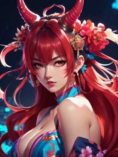 This image features a striking, computer-generated depiction of a woman with long, flowing red hair. She is adorned with two prominent red horns that curve upwards from her head, adding a fantastical element to her appearance. Her hair is intricately styled, with a section pulled back and secured by a gold clasp, while the rest cascades freely around her shoulders. 

Her eyes are a captivating shade of red, and she wears a delicate, light pink lipstick that complements her fair complexion. She is dressed in a blue top with a single strap over her shoulder, which is decorated with pink and white floral patterns, adding a touch of elegance to her ensemble.

The background is a deep, dark blue, almost black, which makes the vibrant colors of her hair and attire stand out dramatically. The image is devoid of any text, allowing the viewer to fully appreciate the intricate details and vivid colors of this fantastical character.
