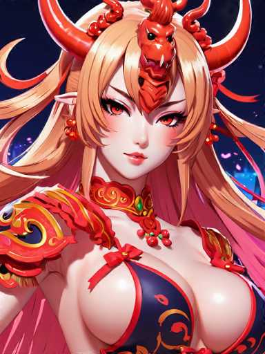This image features a strikingly detailed, computer-generated depiction of a female character. The character is adorned with a vibrant red and gold collar that encircles her neck, from which a red bow elegantly hangs. Her attire includes a blue and red top that accentuates her large, prominent breasts. She has long, flowing hair that cascades down her back, and her complexion is a very pale white. Her eyes are a vivid red, and she has a small, delicate nose and full lips. Adding to her unique appearance are pointed ears reminiscent of those of an elf. Atop her head, she wears a red and gold headpiece that is adorned with a prominent red horn. The background of the image is a deep, dark blue, which contrasts beautifully with the character's colorful attire and fair complexion.