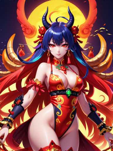 The image depicts a striking female character with long, flowing blue hair that transitions to a vibrant red at the tips. She has two prominent black horns protruding from the top of her head, adding to her fierce appearance. Her eyes are a captivating shade of red, and she wears a necklace adorned with a red flower. The character is dressed in a form-fitting, one-piece outfit that accentuates her curves, featuring a black belt with a green gem at the center. The outfit is predominantly red with intricate yellow swirls and a blue section at the bottom. She also sports black wristbands decorated with red flowers. The background is a deep, dark blue, almost black, with a large, glowing yellow moon at the center. Surrounding the moon are several crescent-shaped objects in a golden hue, adding a mystical element to the scene.