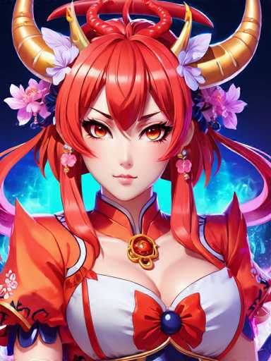 This image features a striking anime-style female character with vibrant red hair adorned with three prominent horns—two large ones on the sides and a smaller one on top. Her hair is styled with bangs and two long strands framing her face, while the rest flows down her back. She has expressive brown eyes and wears a subtle, closed-mouth smile. Her attire is a low-cut white dress with red accents, including a large bow at the front and a blue gem at its center. The dress is complemented by an orange jacket with puffy sleeves and a gold trim, decorated with pink flowers. She also sports pink earrings and a necklace with a red gem. The background is a dark blue, almost black, with a glowing turquoise light behind her, adding a mystical aura to the scene.