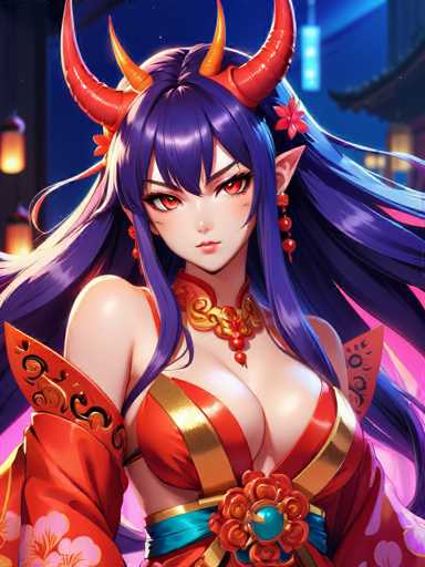This image features a striking female character with distinct anime-inspired design elements. She has long, flowing blue hair adorned with four prominent horns—two on each side of her head. Her expressive red eyes and pointed ears add to her otherworldly appearance. She is dressed in a revealing red outfit that accentuates her large breasts, and she wears a choker necklace that complements her attire. The background is a vibrant blue, illuminated by numerous lanterns that cast a warm glow, creating a magical atmosphere. The character's pose is confident and alluring, as she gazes directly at the viewer, exuding a sense of mystery and allure.
