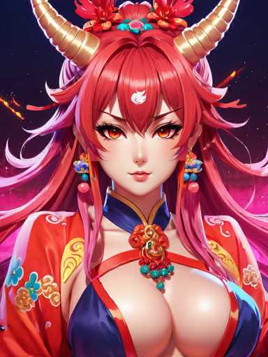 The image depicts a woman with long red hair and large horns wearing a vibrant red dress adorned with gold accents. She is positioned against a dark purple background, which contrasts with her fiery appearance. The woman's face features striking red eyes and a nose, adding to the intensity of her look. A small bird is perched on her head, further emphasizing her regal presence.